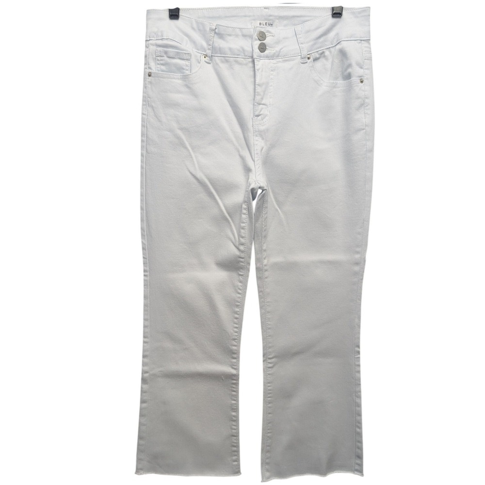 Bleu White Denim Jeans Womens 12 Raw Hem Cropped Double Button Stretch